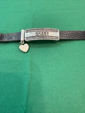 Guess Black Leather Bracelet with Silver Logo Plaque and Heart Charm #75A